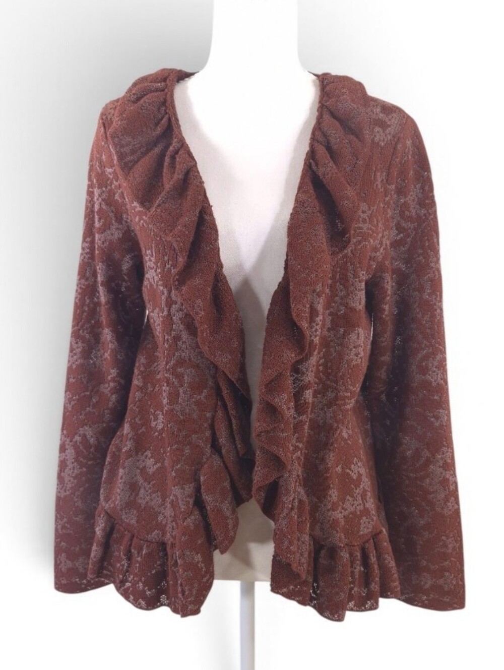 Chico's Burnout Cardigan Sweater Rich Mahogany Knit Ruffle Open Front - Sz 1 M/8